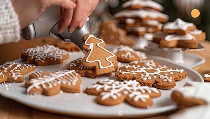 A hand decorates gingerbread cookies with icing, Christmas trees and other shapes