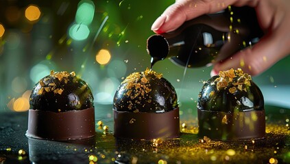A hand drizzles dark liquid over three spherical chocolate desserts with golden sparkles