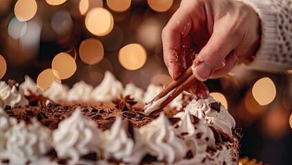 A hand garnishing a frosted cake with cinnamon, against a warm, bokeh background