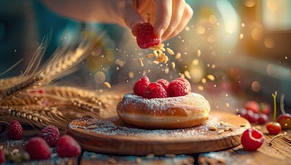 A hand garnishes a glazed donut with raspberries and seeds on a wooden board