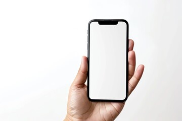 A hand holding a black smartphone with a blank white screen, isolated on a white background