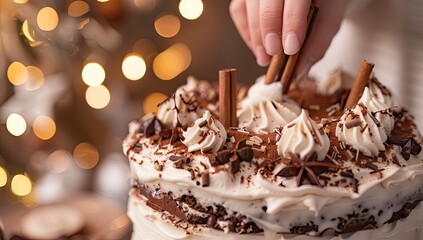 A hand places cinnamon sticks atop a layered cake with frosting and chocolate shavings, soft bokeh in background