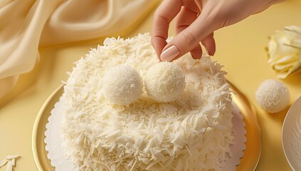 A hand places coconut truffles on a frosted cake against a yellow backdrop