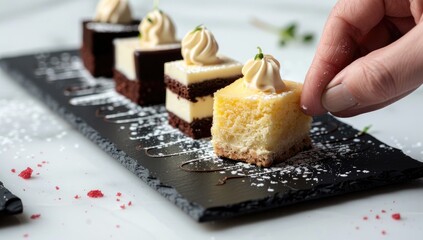 A hand places the final dessert square on a dark platter with assorted mini cakes