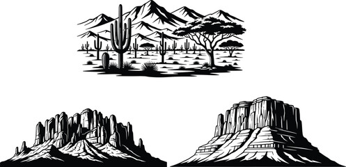 Black and white southwestern desert illustration set featuring cactus landscape, mountain scenery, and rocky mesas, vintage engraving style vector collection for branding and design © Su Joy Creatives