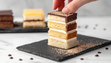 A hand places the top on a mini multi-layered cake on a black slate, others blurry