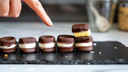 A hand points to a stack of small chocolate treats on a dark stone slab
