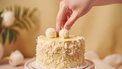 A hand places two spherical treats on top of a small, round dessert with creamy frosting