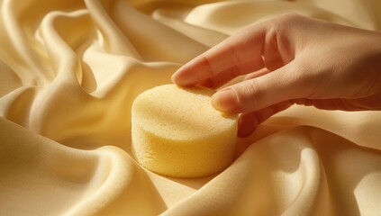 A hand reaching for a circular sponge resting on the folds of a golden, silky fabric