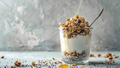 A healthy layered breakfast parfait with yogurt, granola, seeds, and honey in a clear glass