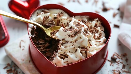 A heart-shaped container holds chocolate mousse topped with whipped cream & shavings, golden spoon