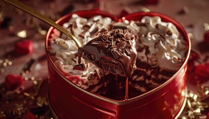 A heart-shaped dessert container filled with chocolate cake, whipped cream, and chocolate shavings