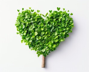 A heart-shaped topiary crafted from vibrant green leaves, sitting on a natural wood trunk