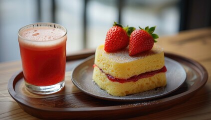 A heart-shaped sponge cake topped with strawberries, served with a glass of red juice