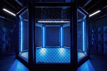 A hexagonal cage brightly illuminated with blue light against a backdrop of angled wall panels