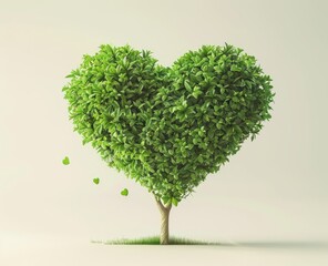 A heart-shaped tree made of leaves with small floating hearts against a neutral background