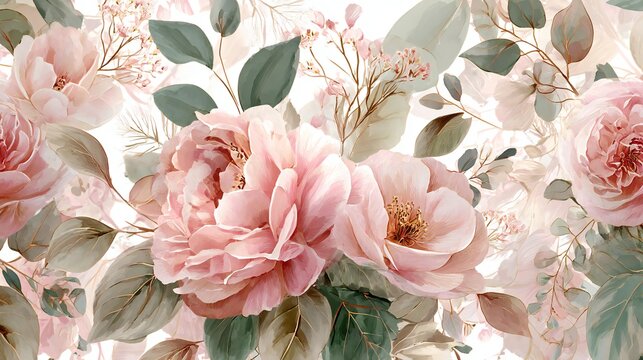 Pink peony roses bouquet watercolor floral seamless pattern background romantic soft pastel vintage illustration

