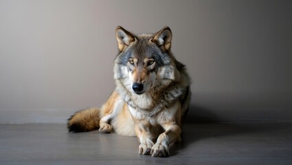 Gray wolf lying down, direct gaze showing power and instinct against a simple background for wildlife concept