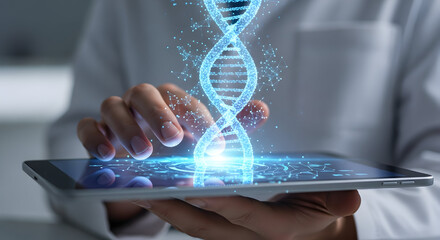Scientist holding tablet with glowing DNA helix, representing genetic research and biotechnology.