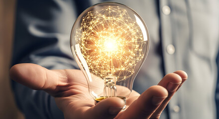 Hand holding a glowing light bulb with abstract connections, symbolizing innovation and bright ideas.