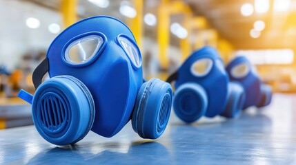 Blue disposable respirators with exhalation valves in a factory setting for industrial protection and safety