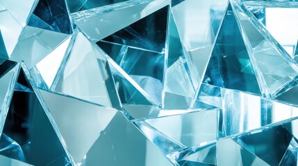 Abstract geometric interlocking shards of crystal in blue and white with light reflections