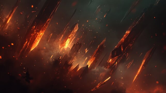 Abstract scene of glowing orange molten crystal shards with fiery sparks and smoke against a dark background