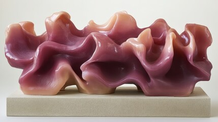 Abstract sculpture of flowing translucent colored resin with organic waves and smooth textures