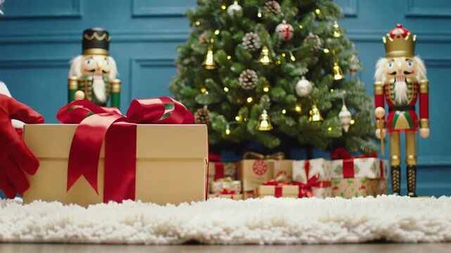 A chunky red-gloved hand slides a beige gift onto a white fuzzy rug near a blurred Christmas tree with golden lights and nutcrackers, cozy festive wonder