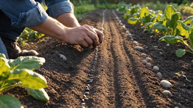 Close-up of a person's hands planting seeds in a garden with rows of plants and soil in a natural outdoor setting with warm tones.