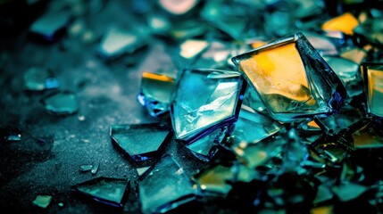 Abstract mosaic of shattered glass fragments with muted colors and reflective surfaces