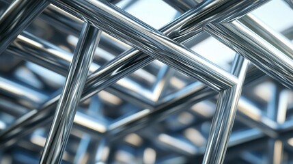 Abstract metallic geometric structure with interlocking silver beams and intricate reflections creating a modern architectural pattern