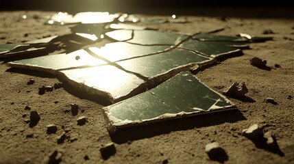 Broken glass shards scattered across sandy ground with sunlight reflections and detailed textures