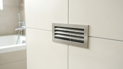 Modern vent cover on bathroom wall with sleek design beside bathtub and tiled surface.