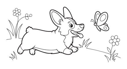 Obraz premium Corgi dog running with butterfly and flowers coloring page