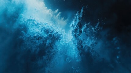 Abstract representation of airborne particles suspended in a dynamic blue energy field with swirling light and cosmic patterns