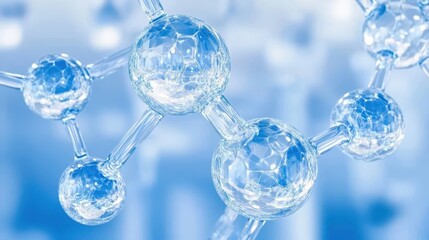 Abstract representation of molecular structures as clear glass spheres and connections with a blue background