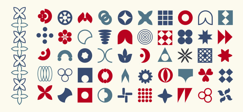 Set  design geometric abstract   elements in red, gray  and blue,  white background.