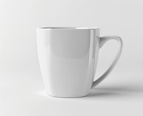 Obraz premium A pristine white mug with a curved handle, casting subtle shadows on a clean white backdrop