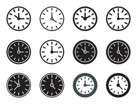 A collection of twelve various clock faces representing time