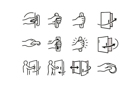 Focus wardrobe calm ergonomic handle reach icon set vector grip hand logic