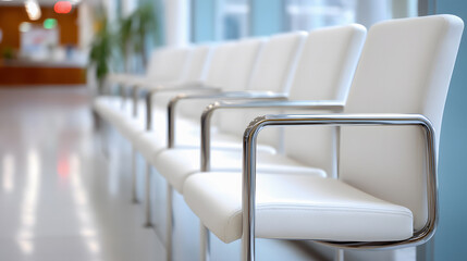 Row of modern white chairs in a bright office waiting room or clinic lobby