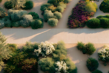 Aerial View of a Beautiful Landscaped Garden Path with Green Bushes