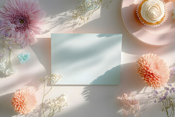 Floral Flat Lay Mockup with Blank Card and Cupcake in Soft Sunlight