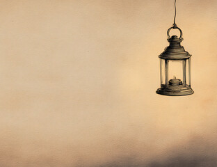 Vintage Hanging Lantern with Candle Flame on Aged Paper Background