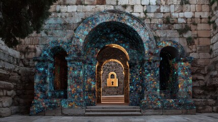 A fortress-like stone structure displays vibrant digital data elements. This scene represents the concept of secure data environments.