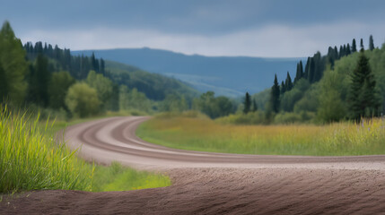 Winding Dirt Road through Green Hills and Summer Forest