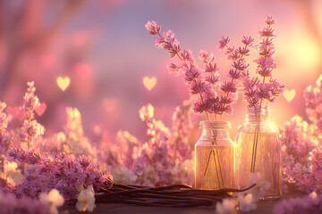 Romantic Lavender Flowers in Glass Jars with Heart Bokeh at Sunset