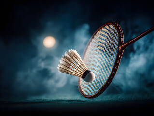 Cinematic Close-up of Badminton Shuttlecock Hitting Racket in Dark Studio