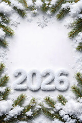 Happy New Year 2026 Written in Snow with Pine Branches Frame